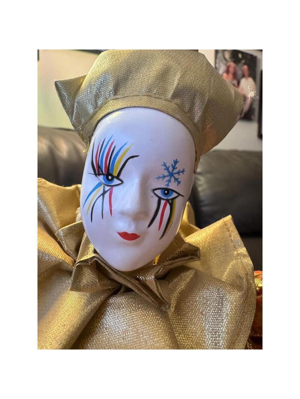 CLOWN Harlequin Porcelain Dressed in Gold & orange by Sugar Loaf 19"
